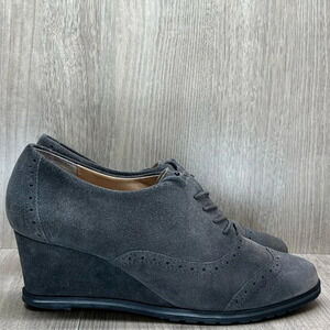 Ellen Tracy Booties Womens Sz 9.5M Active Tobin Wingtip Wedge Lace Up Suede Gray